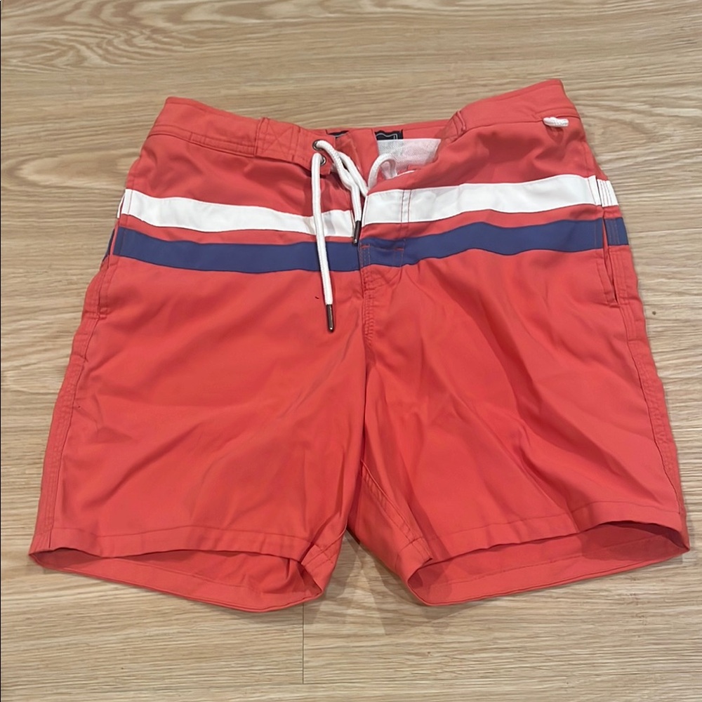 Men's Red Swim Shorts with Blue and White Stripes